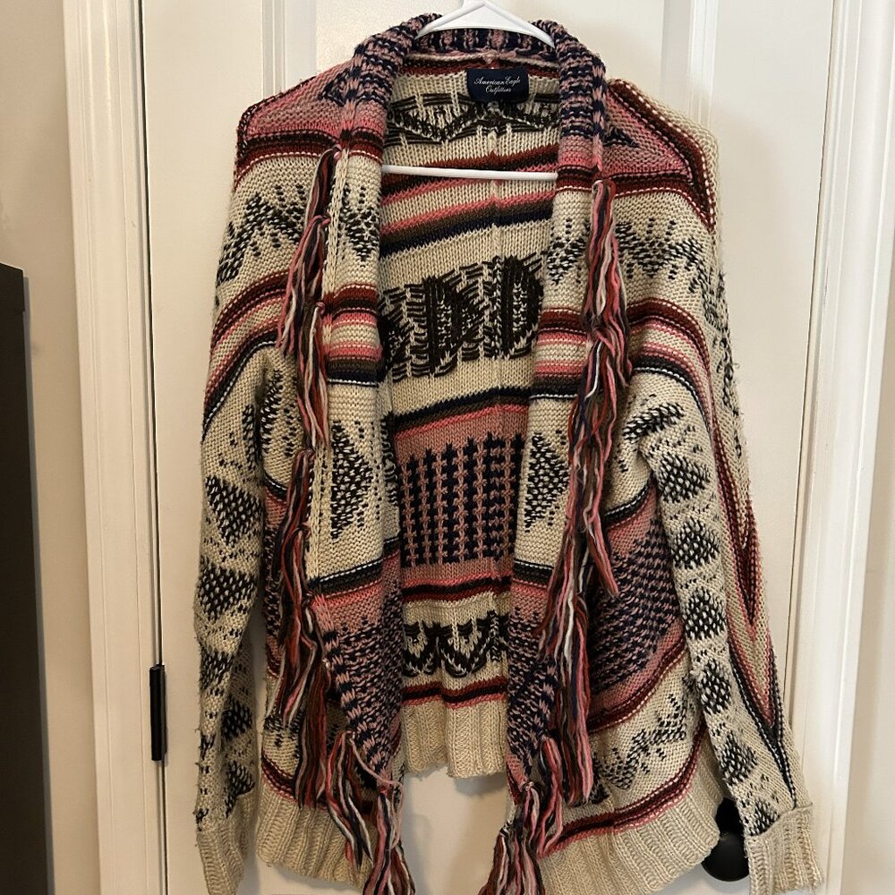 AE Print Cardigan with Fringe